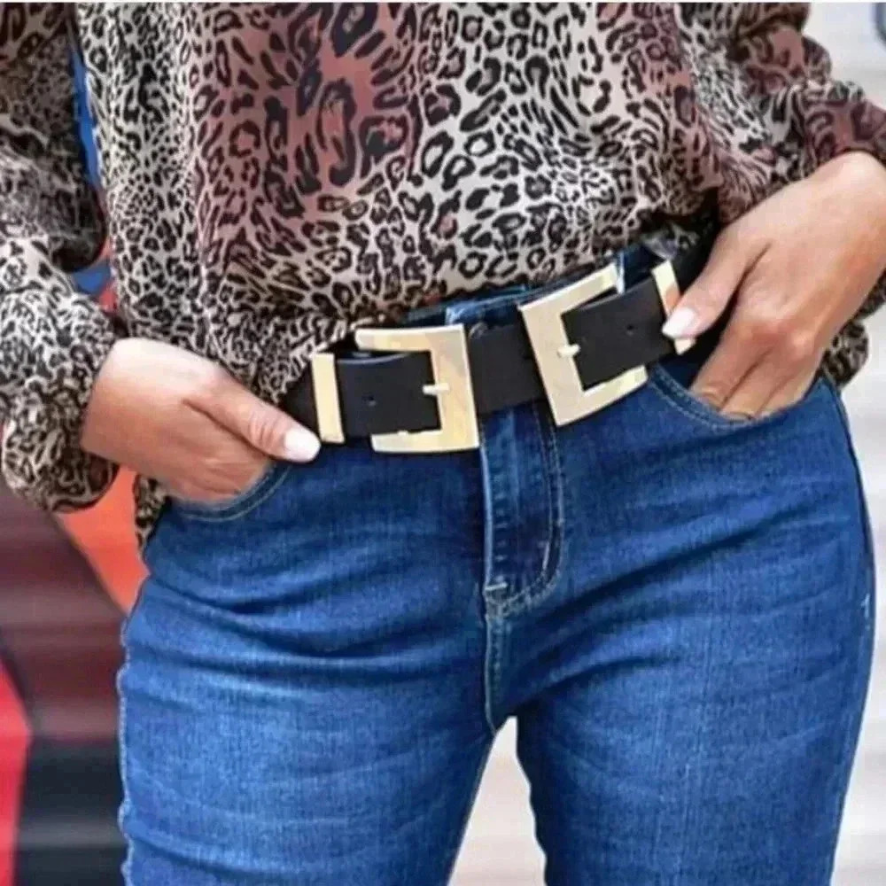 Gold Chunky Double Buckle Black Vegan Leather Wide Waist Corset Belt - Picture 5 of 7